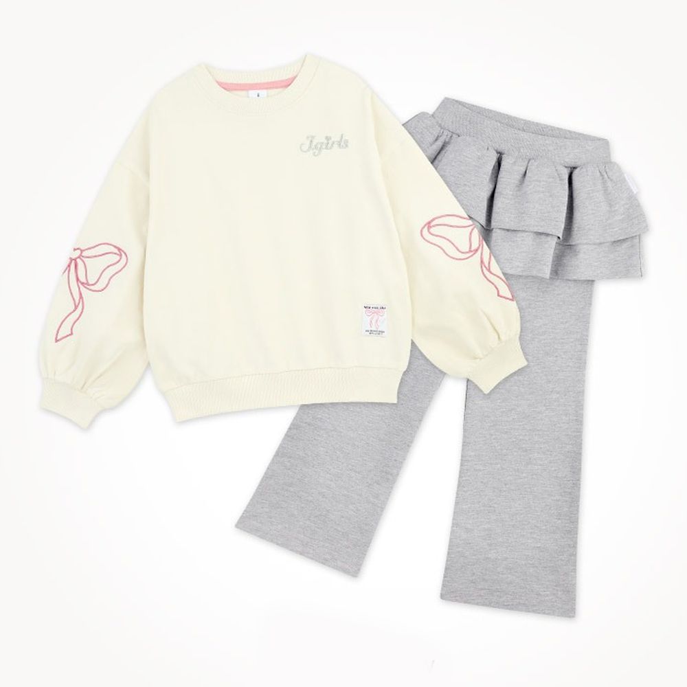 蝴蝶結刺繡長袖上衣X層次裙褲套裝-米黃X淺灰