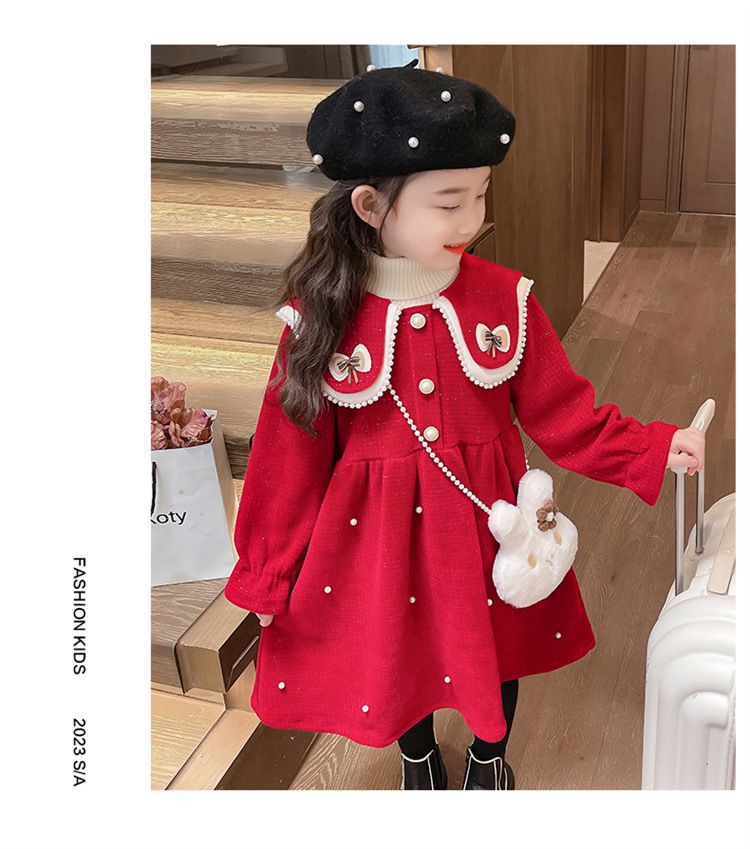 加絨不規則翻領氣質長袖連身洋裝-蝴蝶結-紅色