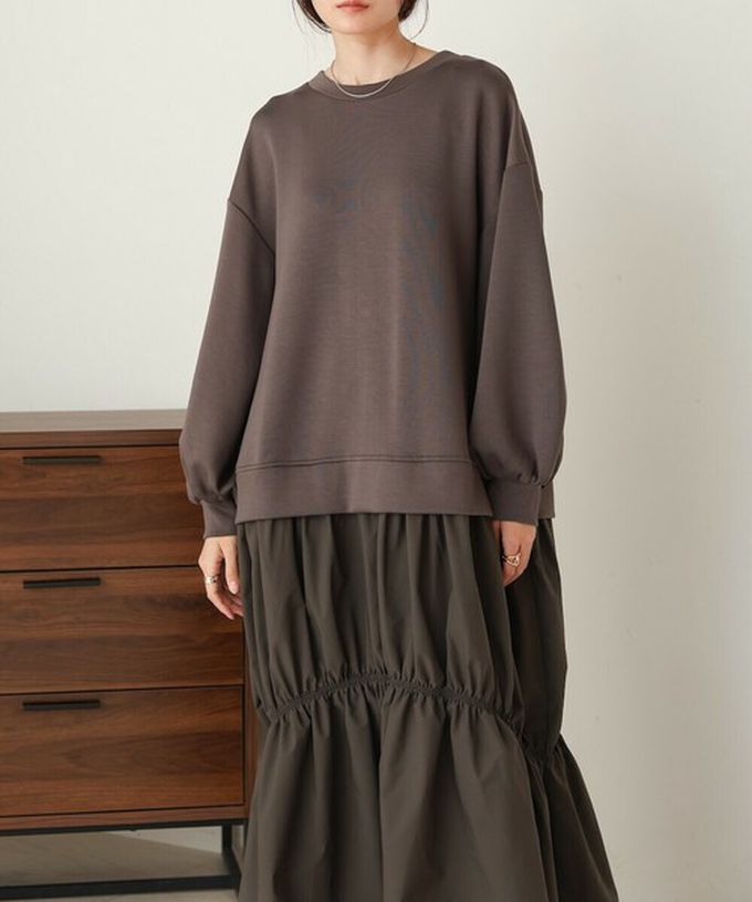 日本 Bab - 柔美造型皺摺拼接長袖洋裝-淺杏