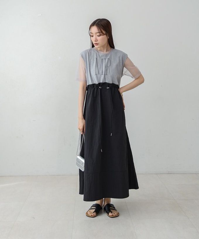 日本 Bab - 拼接層次感抽繩薄紗短袖洋裝-白x炭灰