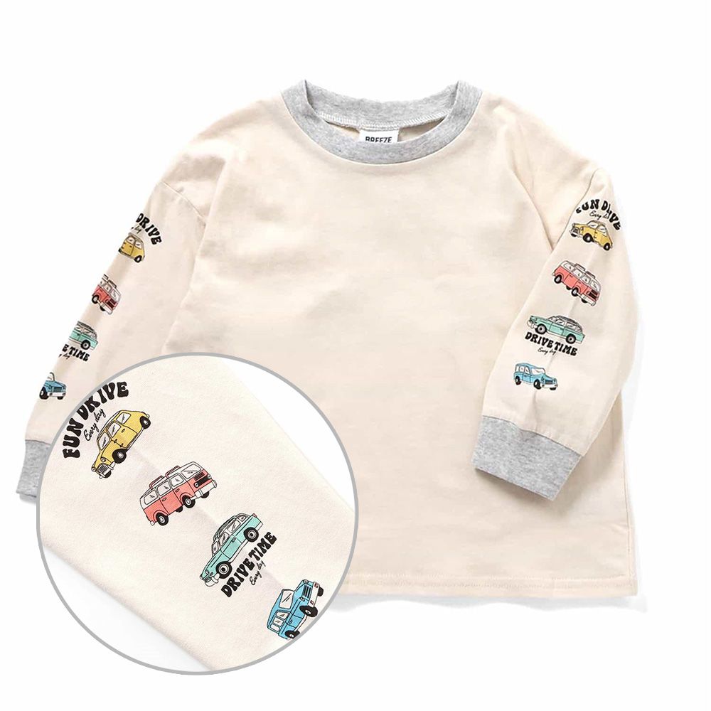 雙手可愛印花長袖上衣-車車-白