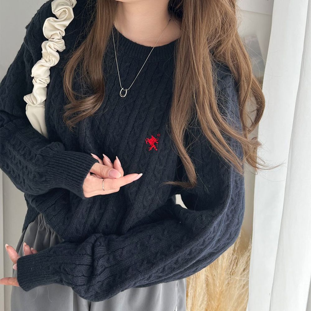 刺繡logo 優雅學院風麻花針織上衣-海軍藍