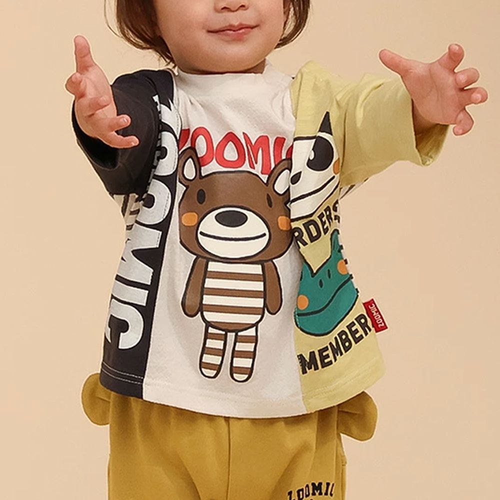 春季拼接風長袖上衣-撞色小熊-黑白黃