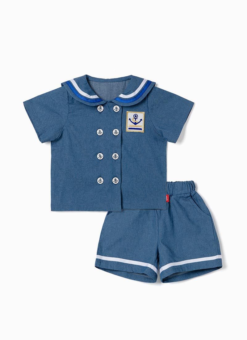 韓國 OZKIZ - 丹寧水手翻領排釦套裝-丹寧藍