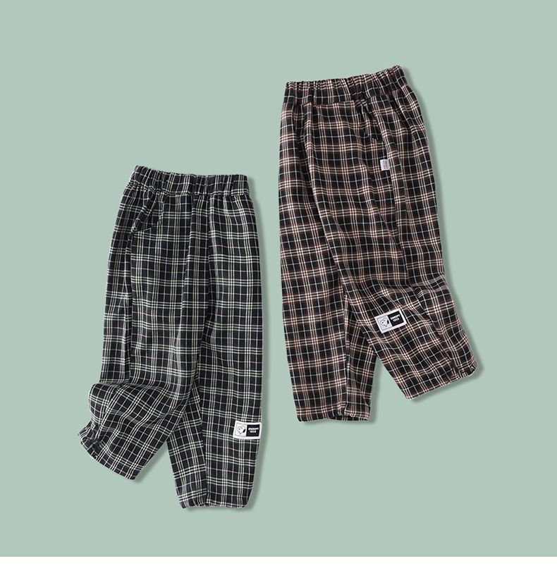 卡通人物史努比腰鬆緊休閒寬褲-格紋款-黑色