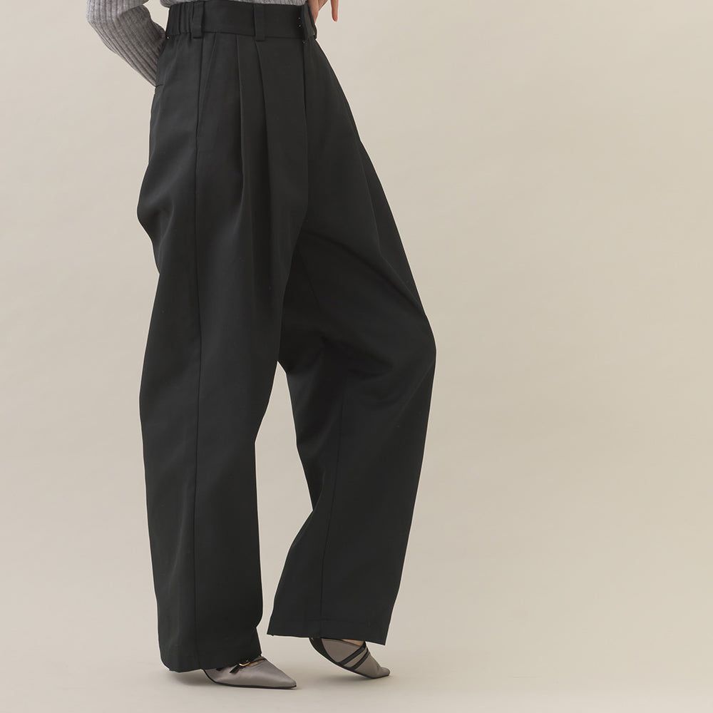 率性感打褶後鬆緊高腰寬褲-黑