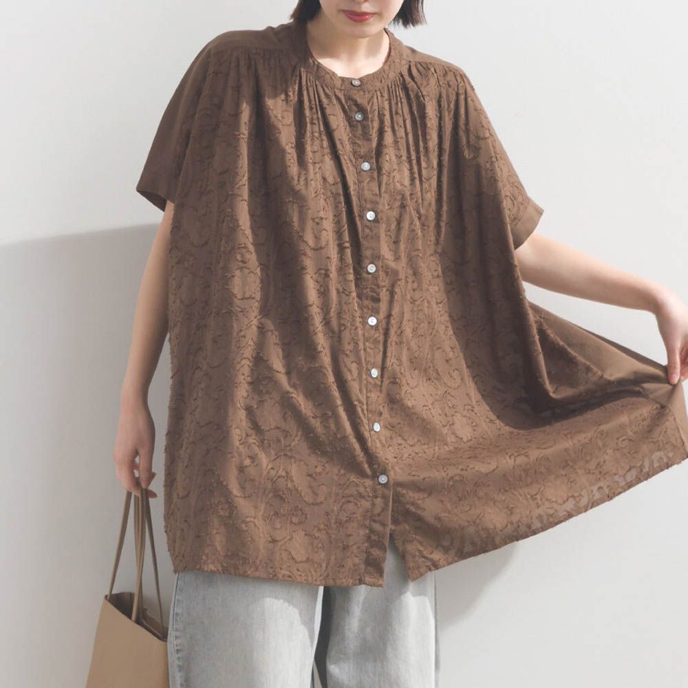 100%棉 透膚感緹花短袖寬版襯衫-咖啡