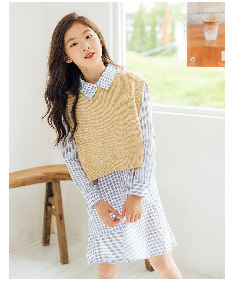 不對稱拼接直紋襯衫洋裝-藍直紋