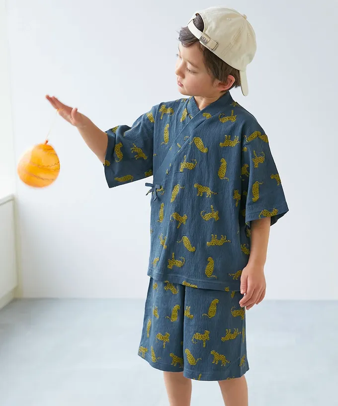 日本 devirock - 夏日風情涼爽紋理甚平套裝-小碎花-淺藍