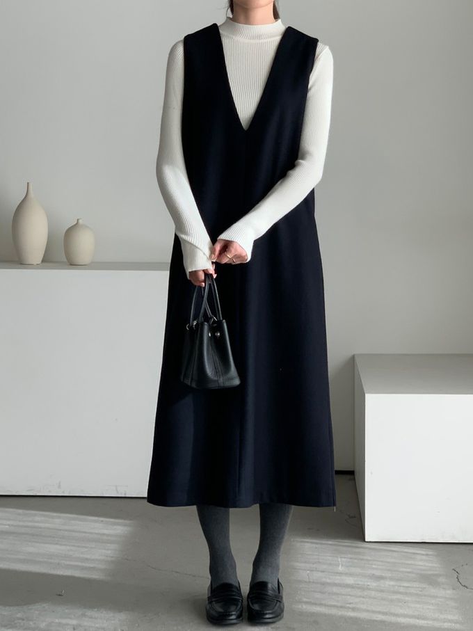 韓國女裝連線 - 簡約V字混羊毛側開連身洋裝-深藍 (FREE)