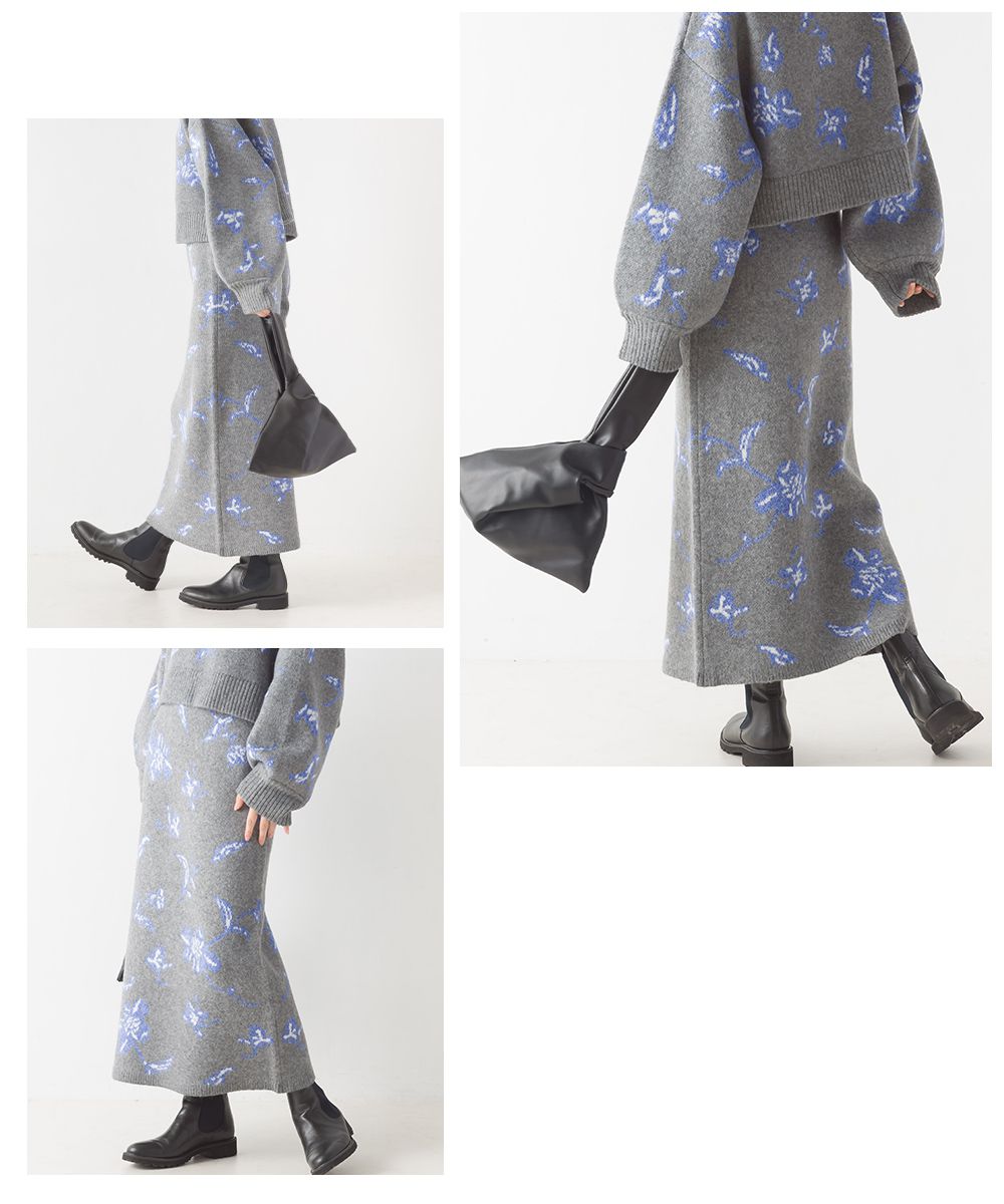 日本 OMNES - 優雅花朵柔軟針織長裙-氣質灰