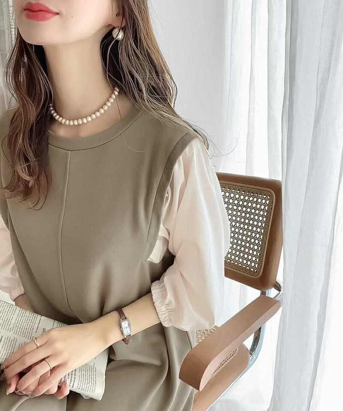 日本 Classical Elf - 優雅泡泡拼接袖修身洋裝-摩卡x米白