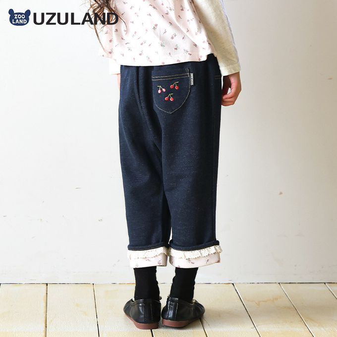 日本 ZOOLAND - 甜美荷葉花朵反摺七分褲-櫻桃刺繡-海軍藍