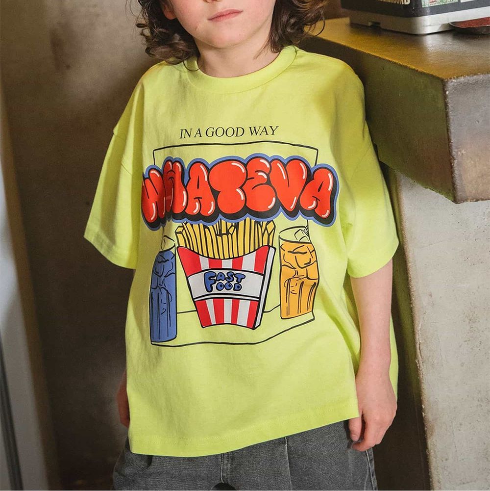 美式寬鬆感印花五分袖上衣-薯條套餐-萊姆黃