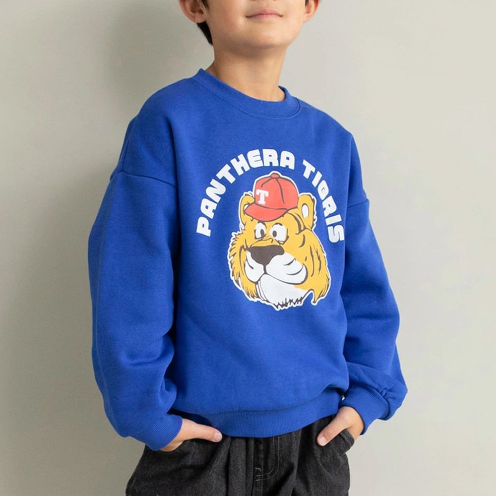 裏起毛 舒適縮口長袖上衣-老虎-寶藍