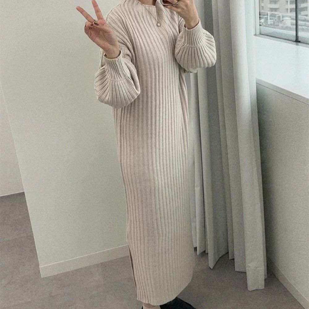 顯瘦羅紋氣球袖針織洋裝-奶油杏 (F)