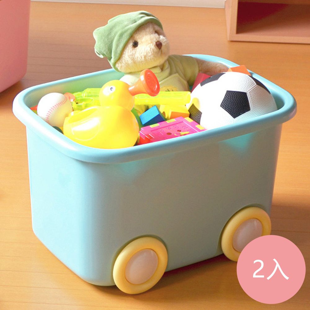 日本伸和 Shinwa - 日本製 玩具衣物可疊固定收納箱L(32L)-附輪-2入-粉藍