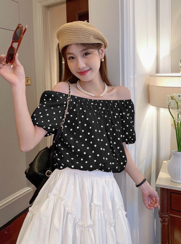 日本 GRL - 可愛泡泡袖點點短版上衣-淺米杏 (M)