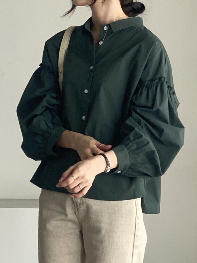 韓國女裝連線 - 極簡拼接翻領長袖襯衫-深綠 (FREE)