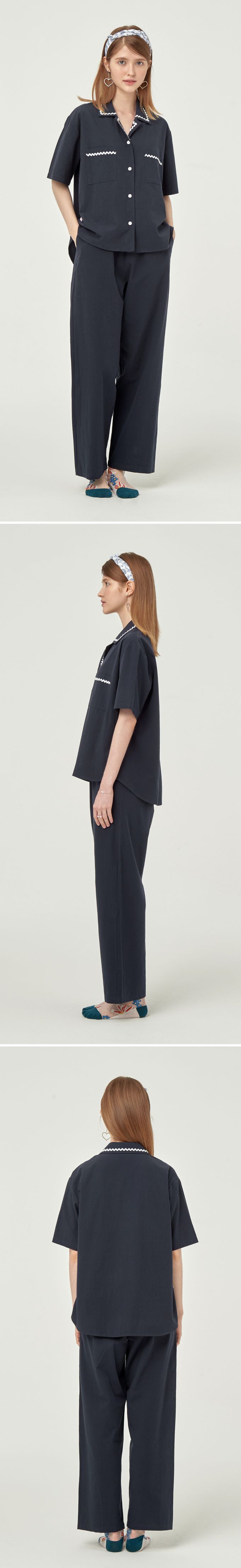 韓國 ULLALA - (情侶款)經典純色短袖長褲睡衣套裝-女款-深藍 (FREE)