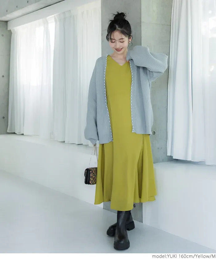 日本 COCA - 顯瘦V領收腰五分袖洋裝-米杏