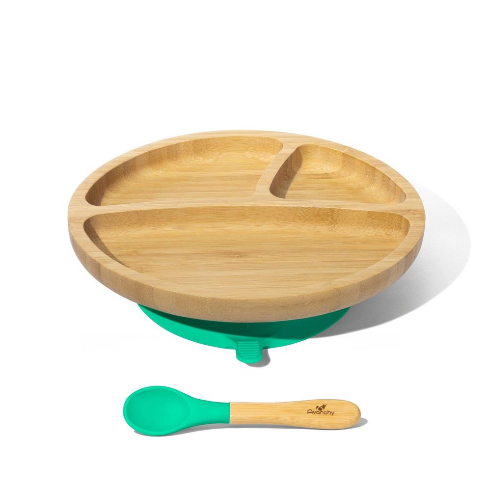 Avanchy - 有機竹製吸盤式餐盤套裝組-附有機竹製矽膠湯匙-短柄-綠