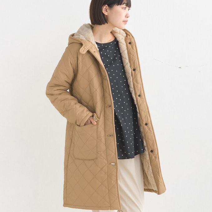 日本 OMNES - 厚刷毛衍縫鋪棉長版連帽保暖外套-杏 (M)