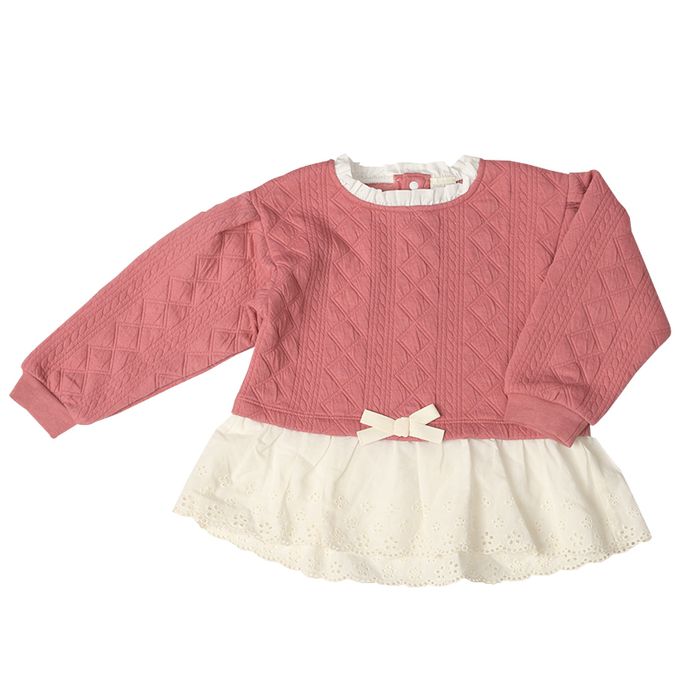 akachan honpo - 長袖鋪棉休閒上衣-下擺蕾絲-粉紅色