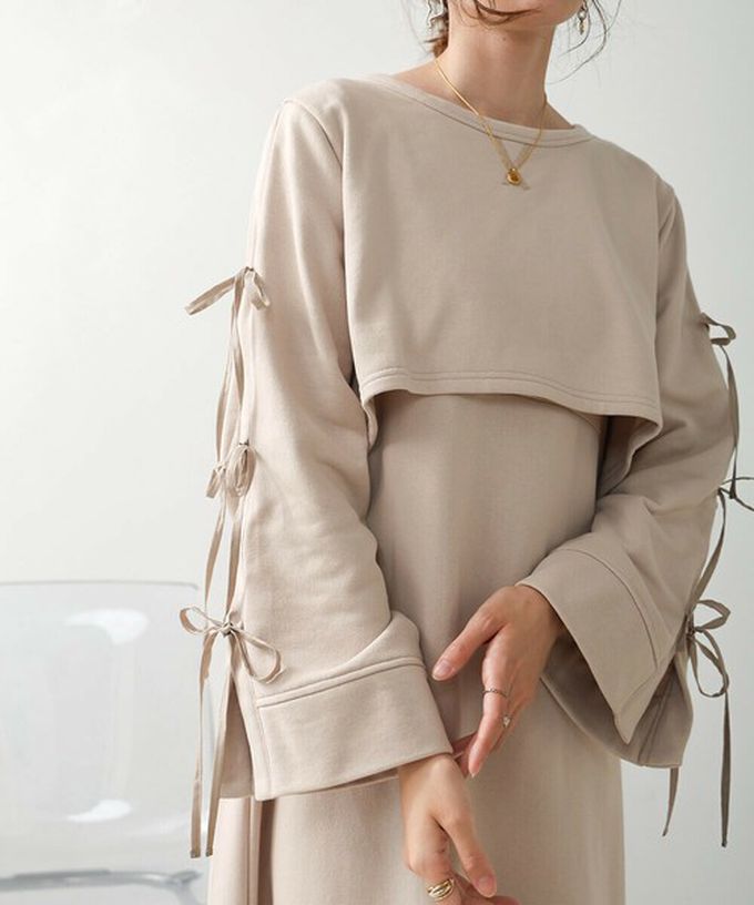 日本 Bab - 袖蝴蝶結層次感喇叭袖洋裝-象牙米