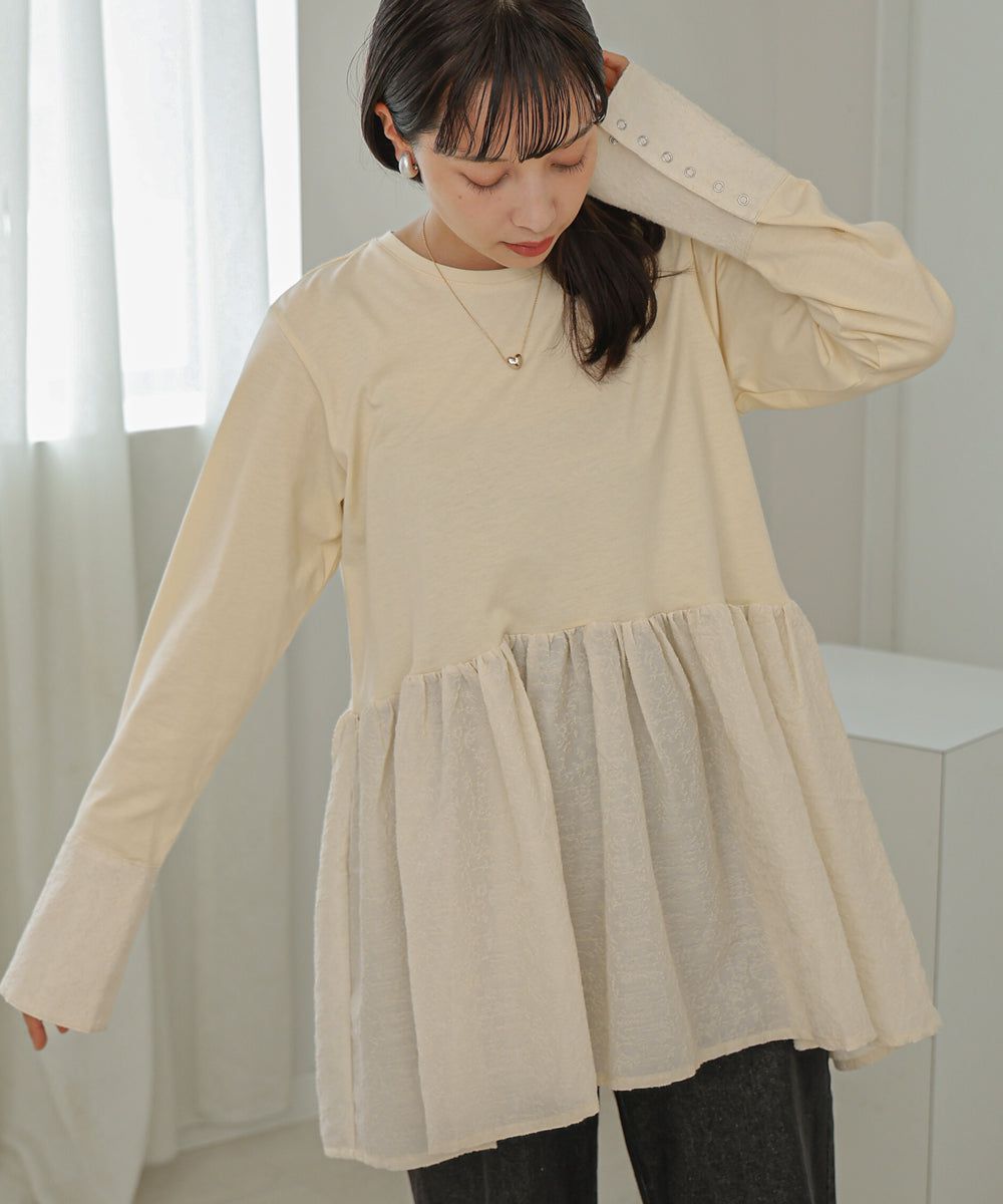 日本 Bab - 優美緹花拼接長袖上衣-水藍