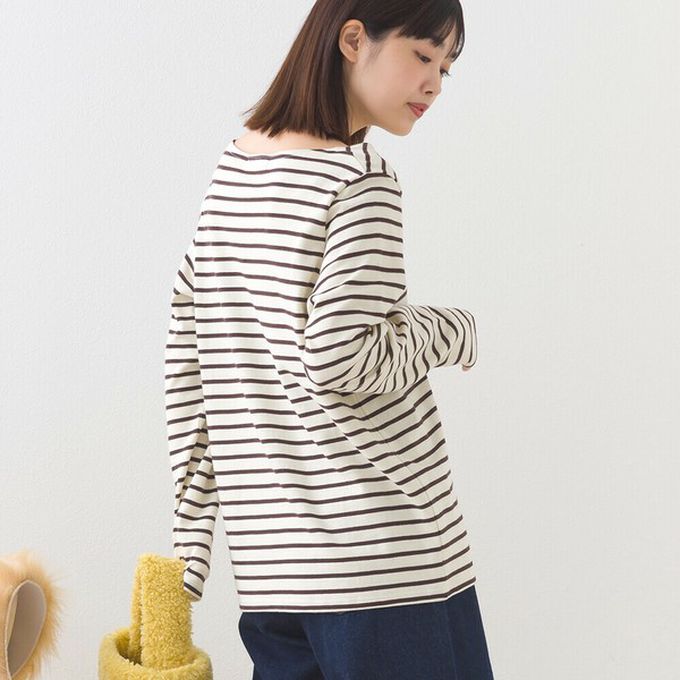 日本 OMNES - [必收款]100%棉 條紋船領長袖上衣-杏x紅