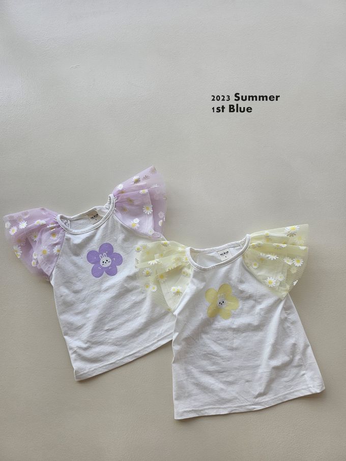 韓國 First Blue - 花花兔印紗拼接短袖上衣-淺紫
