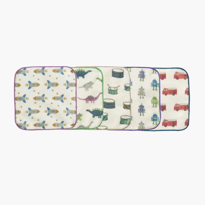 日本千趣會 - 北歐風方形小手帕五件組-火箭恐龍機器人 (15x15cm)