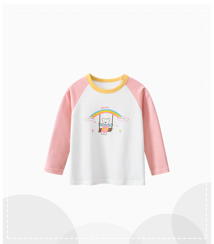 純棉圓領薄長袖上衣-熊熊與彩虹鞦韆-米白+粉