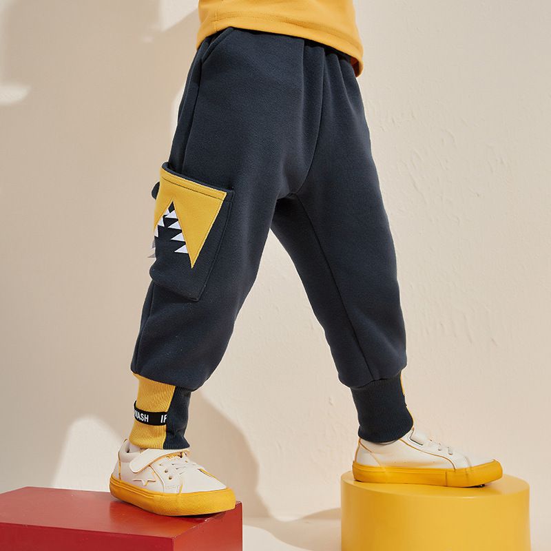 加絨腰鬆緊休閒保暖束口長褲-鱷魚口袋-灰+黃