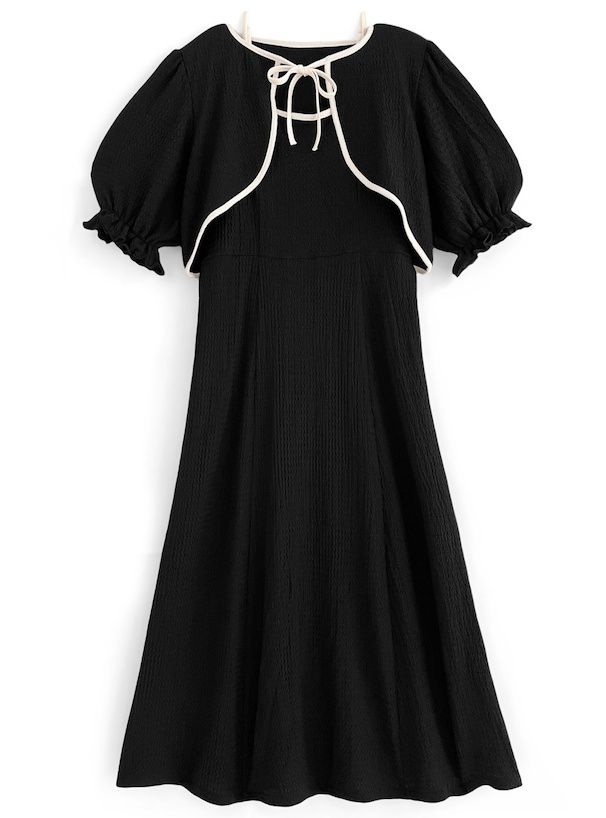 日本 GRL - 雲朵泡泡布前綁帶兩件式洋裝-經典黑 (F)