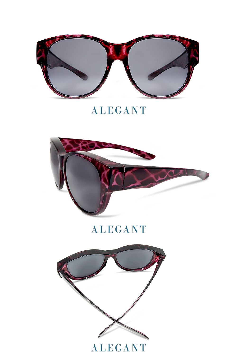 ALEGANT - 優雅暗藍紫色豹紋全罩式偏光墨鏡│外掛式UV400太陽眼鏡包覆套鏡│車用太陽眼鏡│近視可戴外掛寶麗來墨鏡