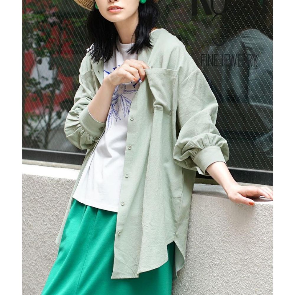 日本 zootie - 純棉凹凸紋質地圓領輕薄長版長袖襯衫-薄荷