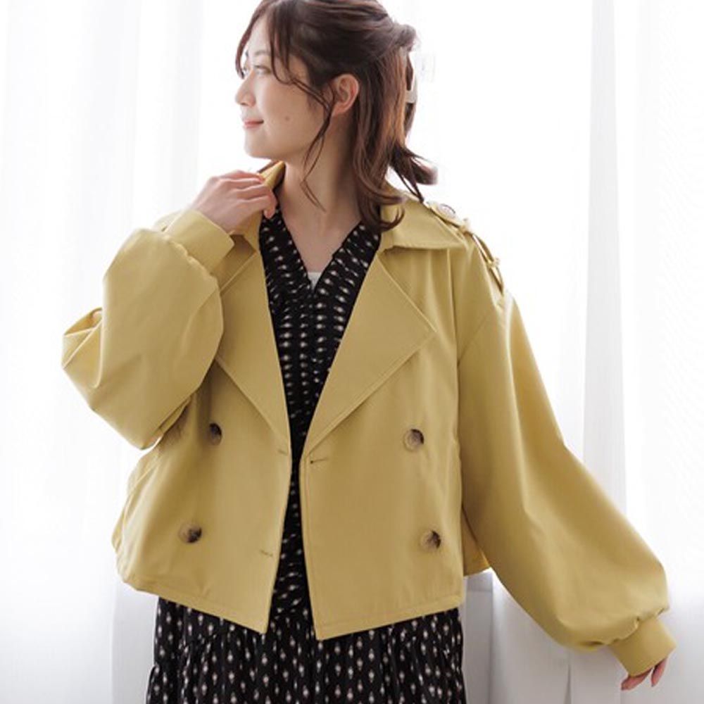 日本 ihuu - 肩緞帶騎士風短版風衣外套-開心果黃