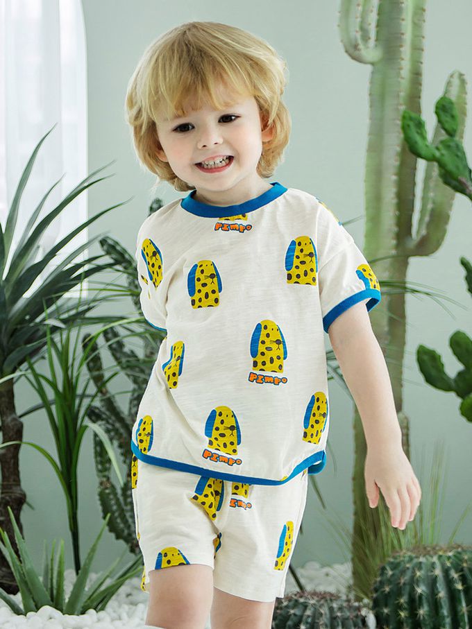 韓國 Pimpollo - 長耳斑點狗狗印短袖套裝-藍X磚紅