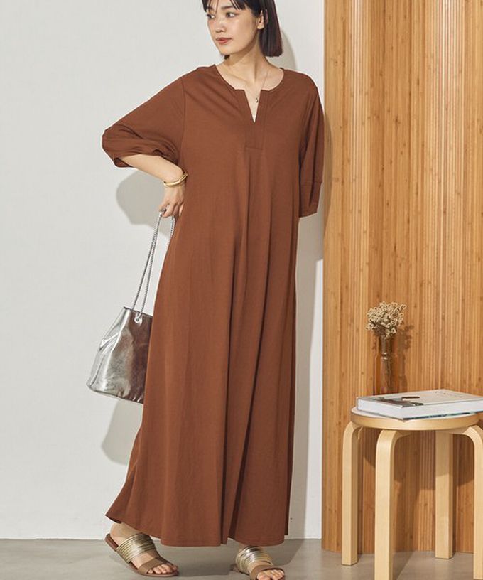 日本 Sans Souci 34+ - 接觸涼感 顯瘦A字鑰匙領五分袖洋裝-淺灰