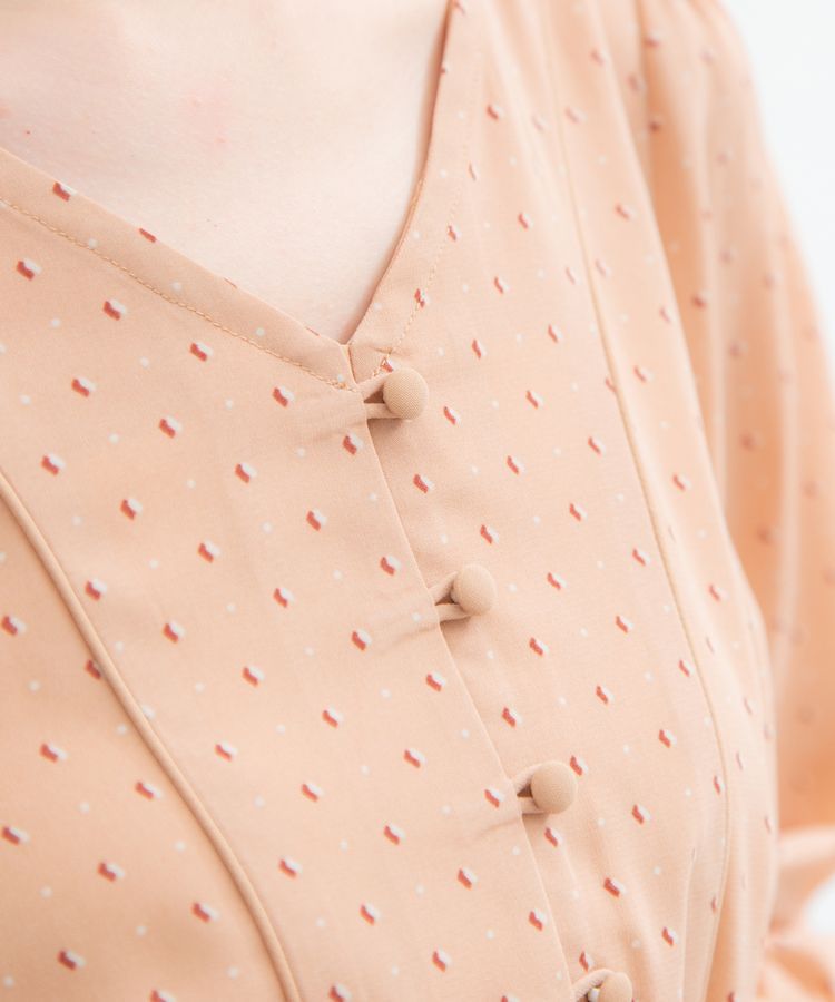 日本 Honeys - V領縮腰排釦七分袖雪紡洋裝-碎花-水藍