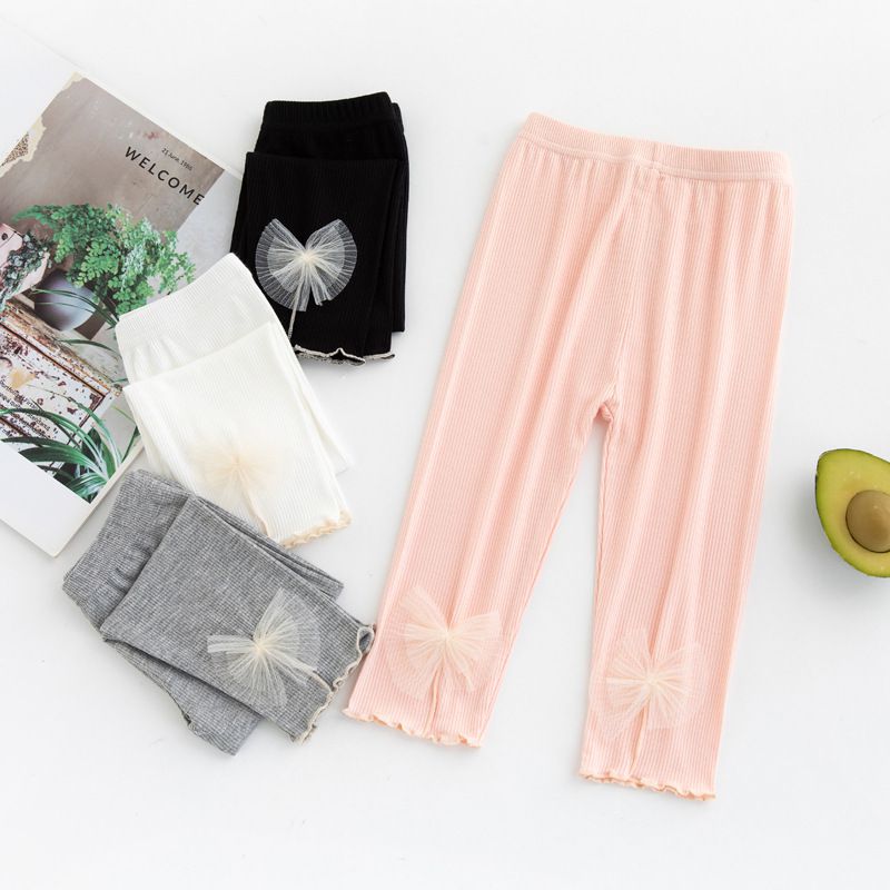 FANMOU - 莫代爾螺紋透氣七分內搭褲-扇貝蝴蝶結-灰色