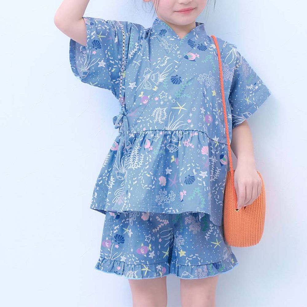 100%棉 可愛荷葉甚平套裝-海洋世界-煙燻藍