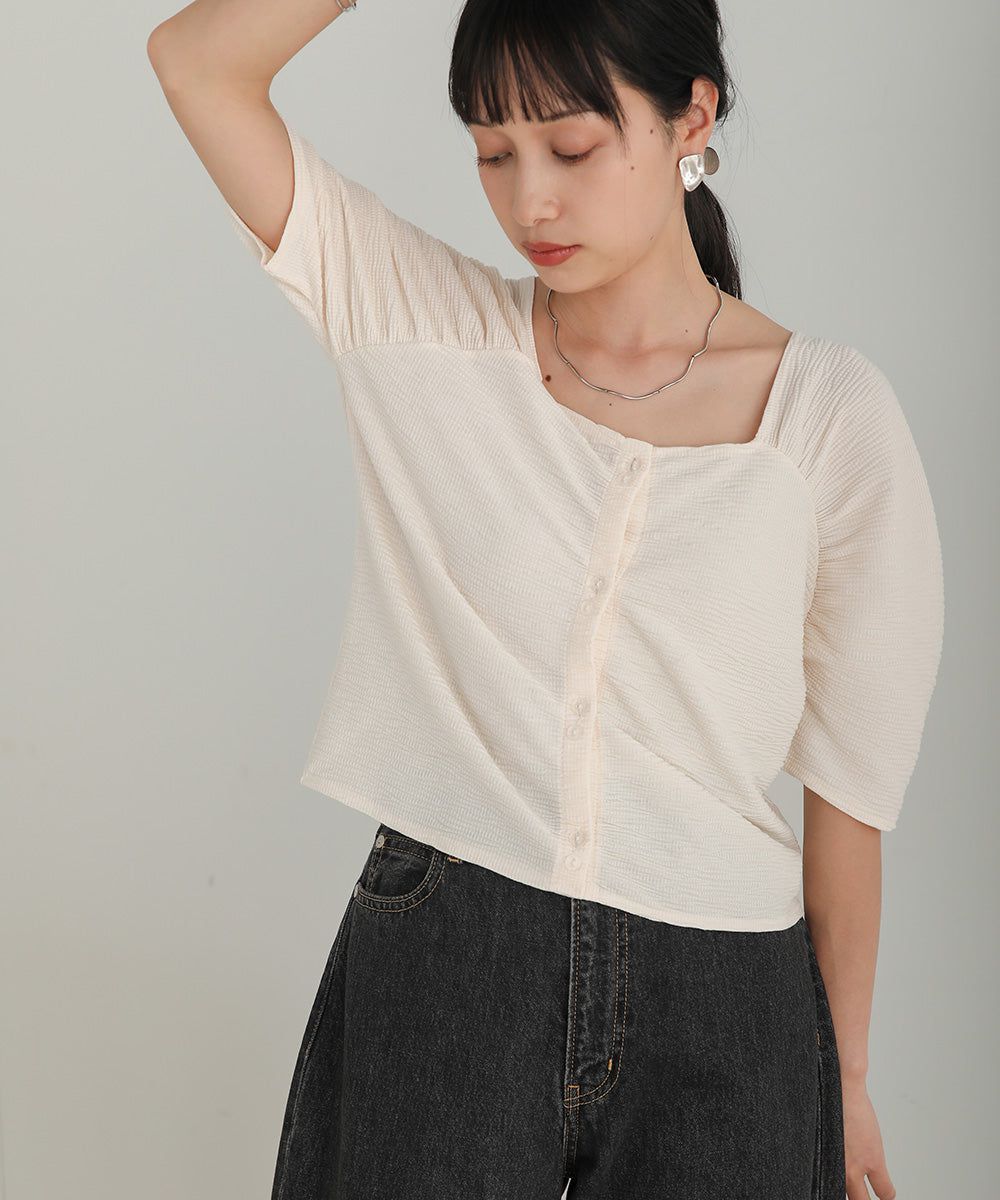 日本 Bab - 2WAY方領排扣五分袖上衣-米杏