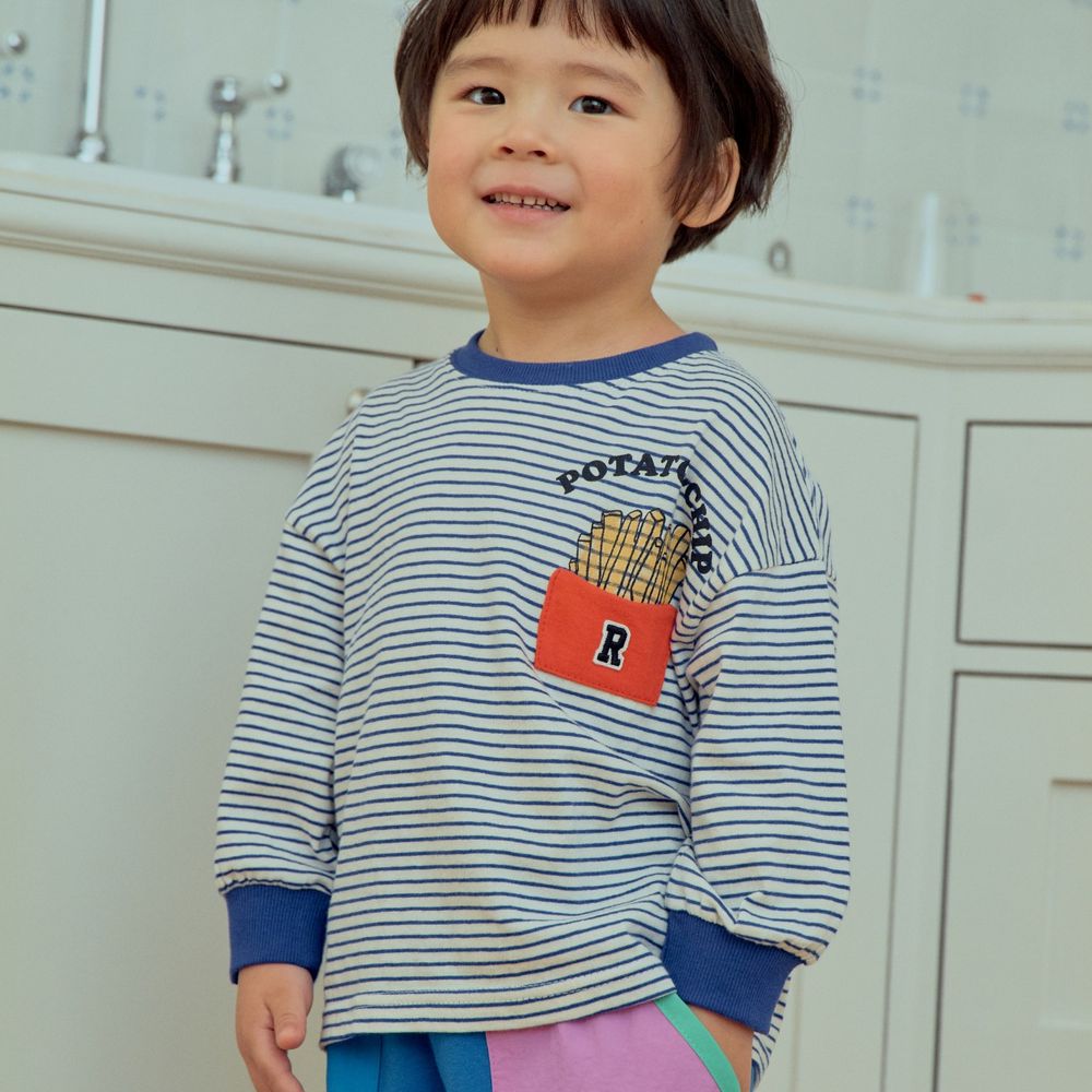 First Blue 美味薯條圖案條紋長袖上衣-藍