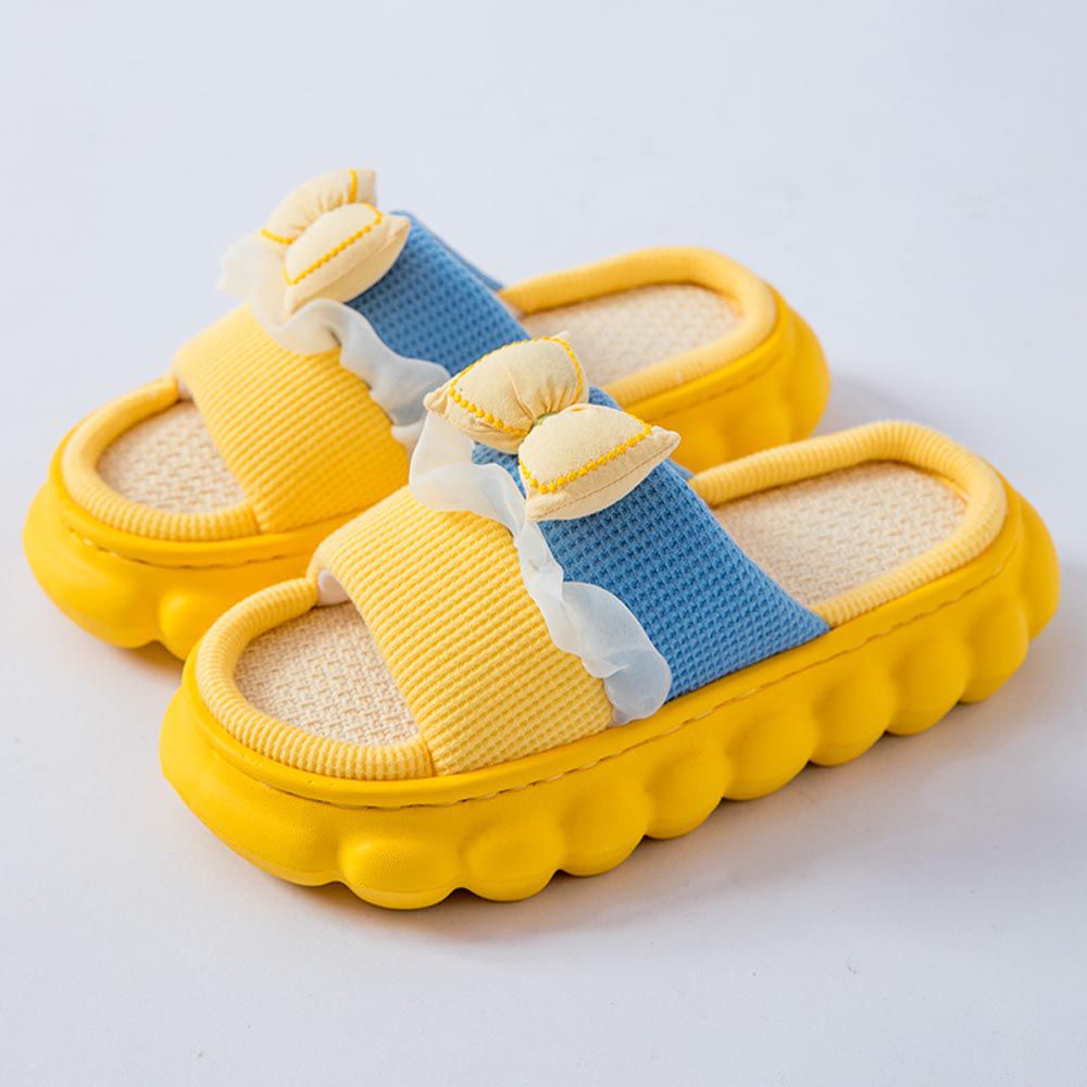 厚底海綿感亞麻室內拖鞋-黃藍蝴蝶結