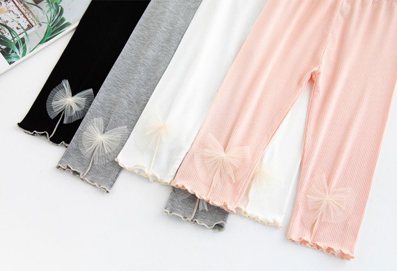 FANMOU - 莫代爾螺紋透氣七分內搭褲-扇貝蝴蝶結-灰色