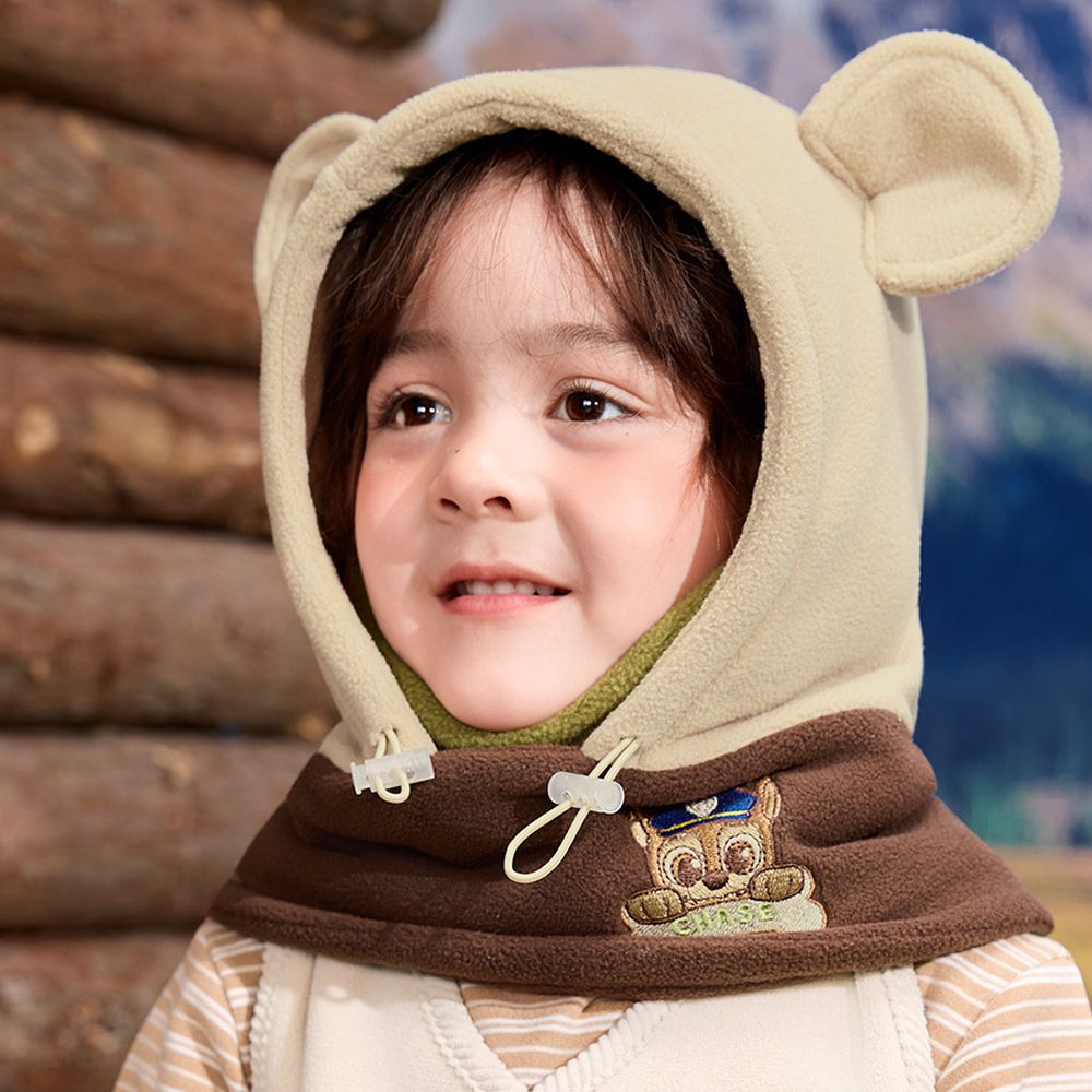 雙層加絨圍脖一體帽-卡通人物阿奇-拼色卡其 (52-56cm)