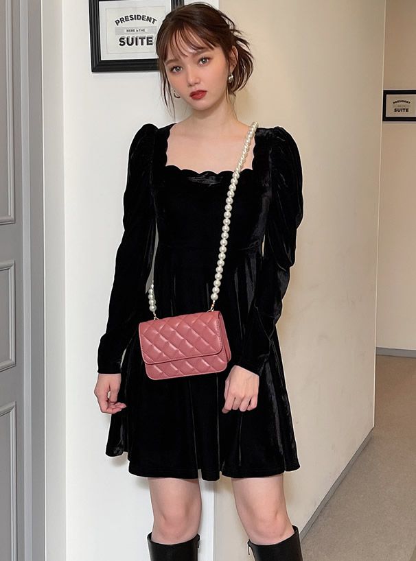 日本 GRL - 菱格紋珍珠鏈小方側背包-白